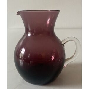 Vintage Purple Plum Enesco Hand Blown Art Glass Miniature Clear Handled Pitcher